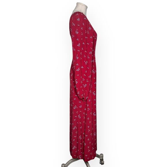 FREE PEOPLE Red Midi IRIS Dress Smocked Square Neck Puff Sleeve Cottagecore S - Picture 6 of 12